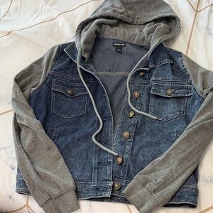Women M Denim and Gray Hooded Jacket